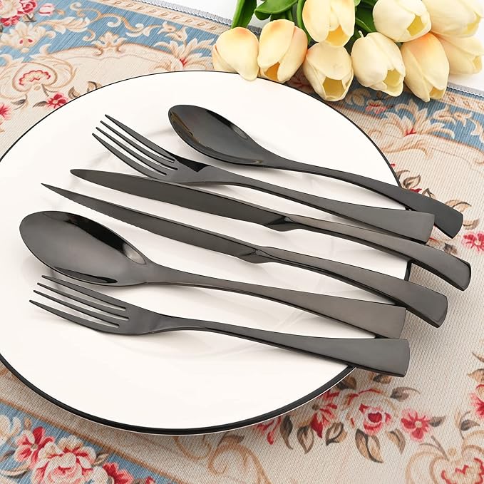 24-Piece 304 Silverware Set, Mirror Polish Serving Flatware Cutlery Set Include Steak Knife Fork Spoon, Wedding Kitchen Restaurant Utensils Daily Use, Service For 4, Black