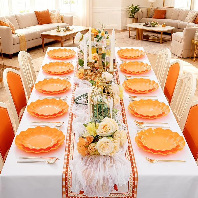 LIYH 50 Pcs Heavy Duty Plates Orange Scalloped Plastic Plates Reusable Unbreakable Plastic Plate for Party, Dishwasher Safe BPA Free (25Guests)