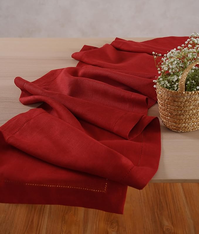Home Ekaa 100% Pure Linen Red Table Runner 14 x 36 Inch - Small Hemstitch Christmas Table Runner - Cloth Fabric Runner for Everyday Dining,Fall, Winter, Holiday, New Year - Elara