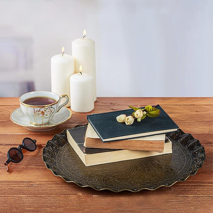 Coffee Tea Beverage Serving Tray, Vintage and Fancy Round Design (Antique Gold)