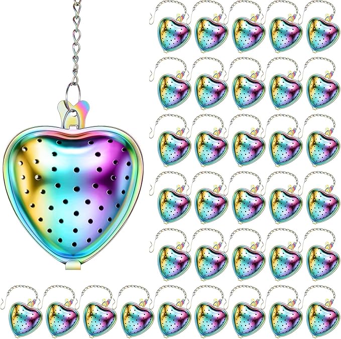 Sumind 50 Pcs Stainless Steel Tea Strainer Ball Infuser Loose Leaf Steeper Interval Diffuser Heart Shape Mesh Filters with Extended Chain Hook for tea party Seasonings Cup Bottle(Rainbow)