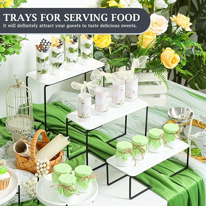 3 Tier Serving Tray, 12" x 4.5" White Plastic Tiered Food Serving Platters, Tiered Tray Stand for Party with Black Collapsible Metal Stand, Dessert Display Stands for , cupcake stands