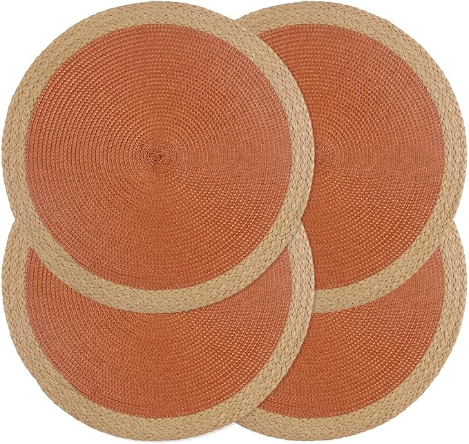 Noctiflorous Round Placemats Set of 4, 15 Inch Braided Hand Woven Table Mats, Heat Resistant Non-Slip Wipeable Wide Edge Place Mats for Kitchen Dining Indoor Outdoor Use(Dark Orange, 4)