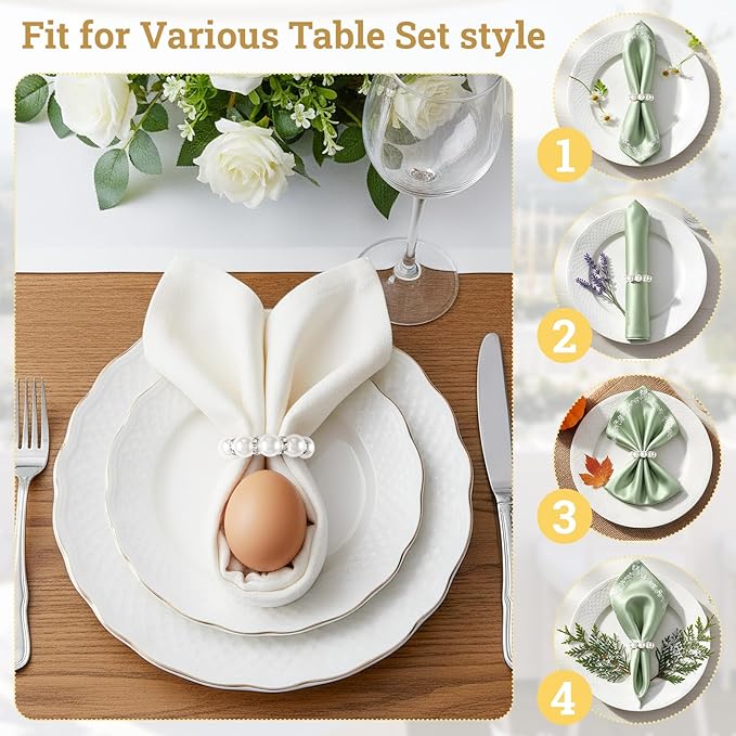 Suream Adjustable Cloth Napkin Rings, 1.6 Inch Beaded Napkin Rings for Wedding Party Dinner Table Decoration(Silver and White)
