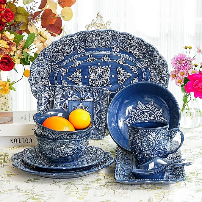 Sungmor Embossed Stoneware Fine Dining Dinnerware, Antique Baroque Style Porcelain Dinner Plates Set of 2 (8.5" Salad Plate & 11" Dinner Plate), Sophisticated Ceramic Serving Platters for Table Decor
