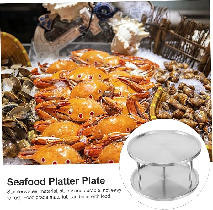 Cabilock Stainless Steel Seafood Plate with Double Layers and Brackets Rust Resistant Snack and Food Serving Platter for Restaurant Use Easy to Clean Refrigerator and Oven Safe Silver