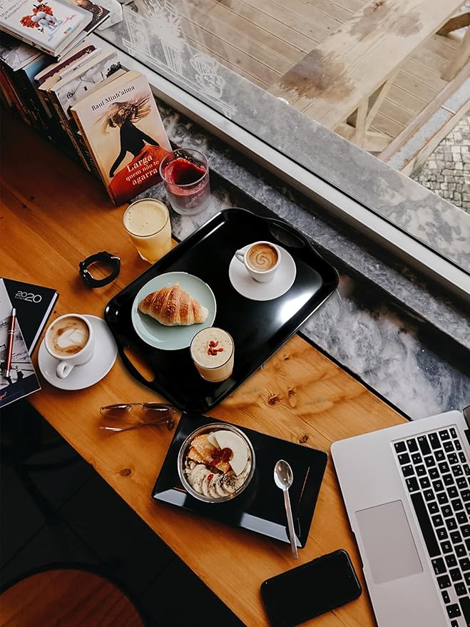 KAQAHIDO Large Melamine Serving Trays for Eating, 17.5’’ x 12’’ Serve Platter for Appetizer, Charcuterie, Food, Snack, Cupcakes, Dessert, BPA-Free, Dishwasher Safe Tray, Set of 2, Black