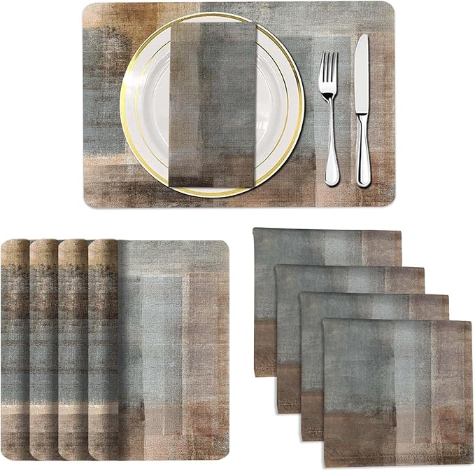 Mcalk 4 Each Brown Placemats and Cloth Napkins Set of 8, Modern Art Placemat, Abstract Grey Cloth Napkin for Home Kitchen Decor (Placemats 18 "x12 Napkins 18 "x18)