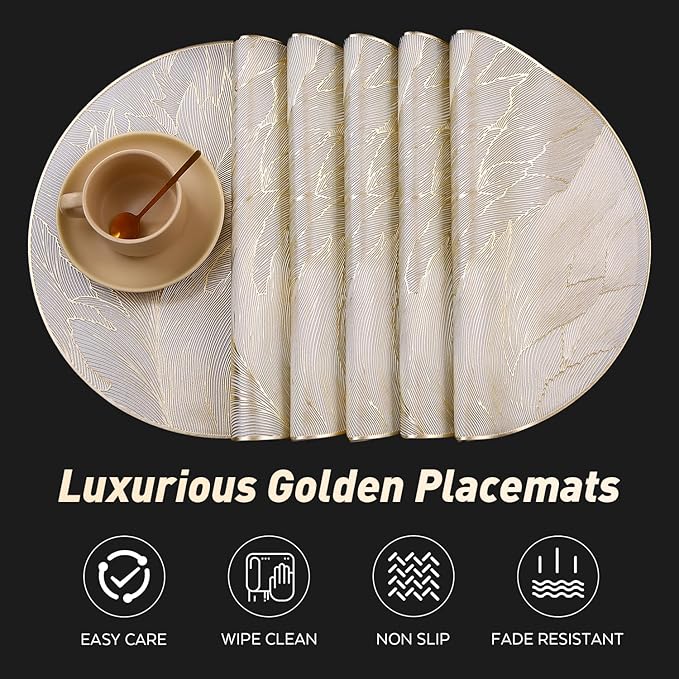 FAVE 8PCS Round Placemats Feather Pressed Vinyl Placemats Set of 8 Slip Resistant Table Mats Wipeable Gold Placemat for Table Decor Holiday Wedding Accent(Golden Feather, 8PCS)