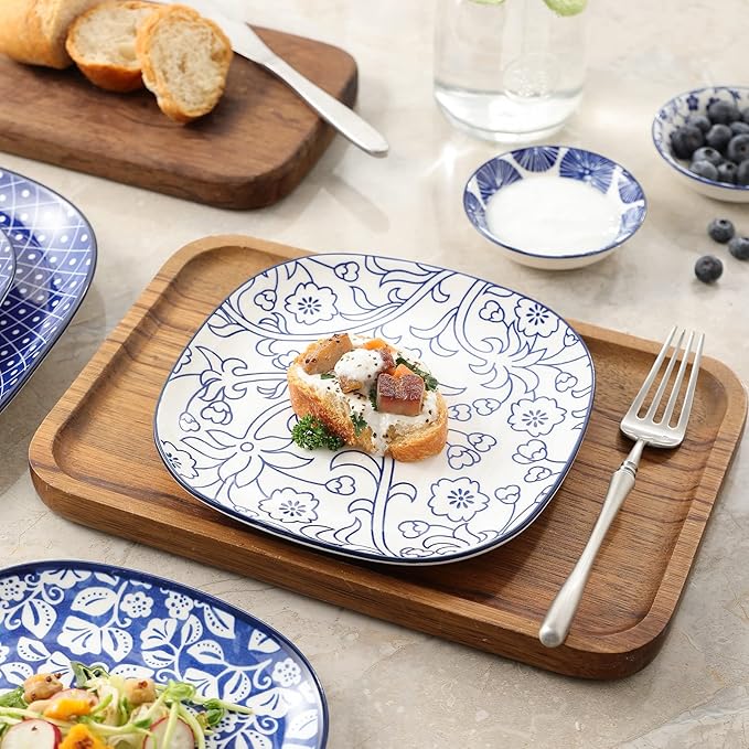 Selamica Porcelain Square Dessert Salad Pasta Steak Plates 10 inches ceramic plates set of 6 microwave/dishwasher/oven safe, Vintage Blue