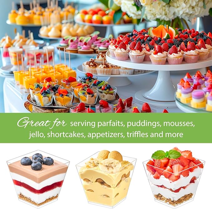 Zezzxu 7 oz Square Mini Dessert Cups with Spoons - 50 Pack Plastic Pudding & Parfait Cups Party Dessert Shooters for Serving Trifle Mousse Cake Appetizer Fruit