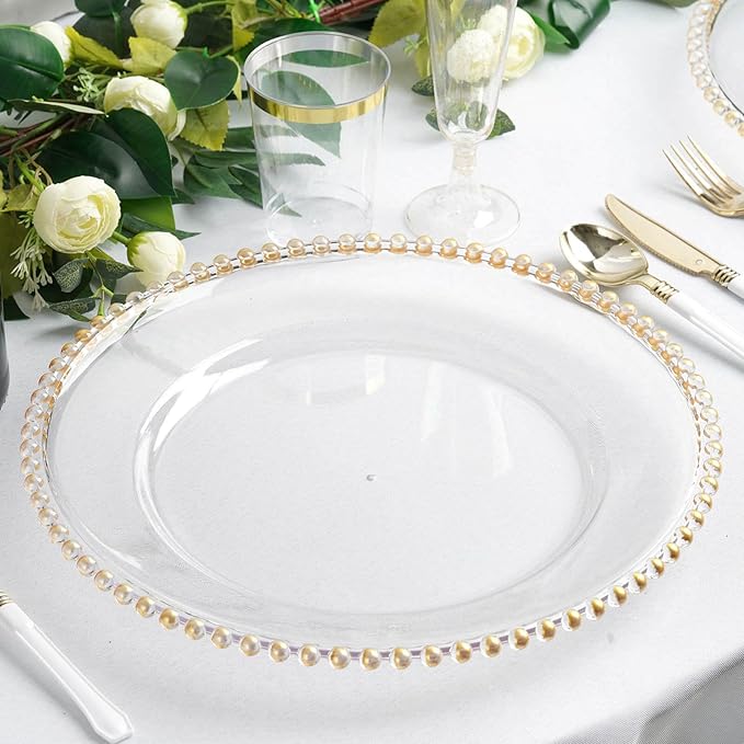 13" Charger Plates - Set of 12 - Gold Round Acrylic Disposable Chargers with Beaded Rim, Ideal for Dinner Party Wedding Bulk Events