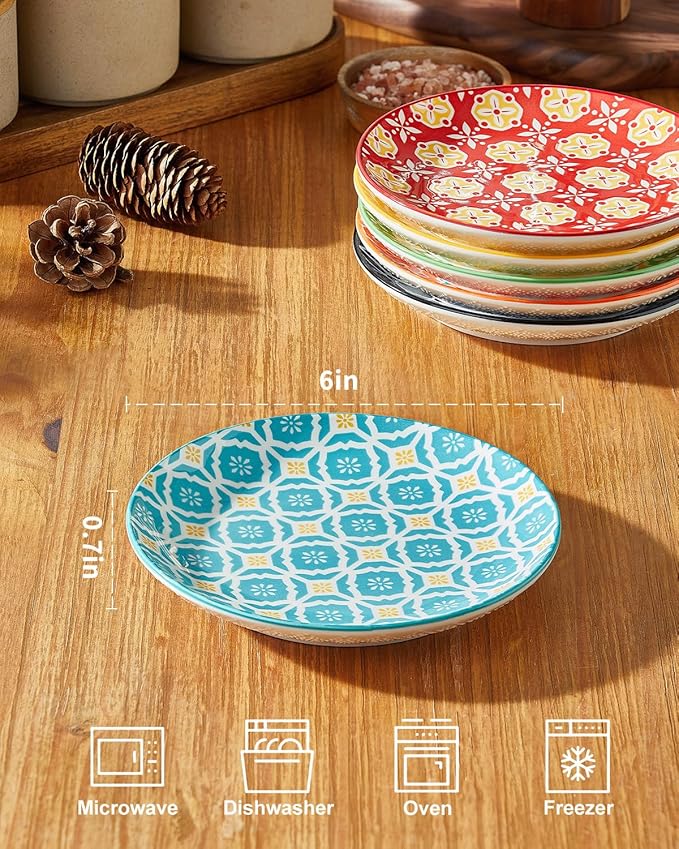Ceramic Dessert Plates, 6 Inch Small Appetizer Plates, Colorful Snack Dishes for Pastries, Desserts, Fruits, Side Dishes, Dishwasher & Microwave Safe, Set of 6