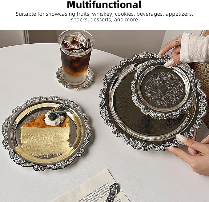 MAVIS LAVEN Floral Engraved Serving Platter, Vintage Multifunctional Mirror Decorative Tray with Silver Retro Design, for Housewarmings Xmas Parties Kitchens Buffets (25cm)