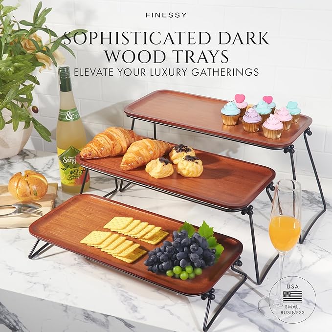 FINESSY 3 Tier Serving Tray, Dark Bamboo Tiered Tray Stand, Cake Stand & Cupcake Holder, Buffet Risers Serving Platters, Dessert Table Display Set, Charcuterie Board Set for Party Hosting Essentials