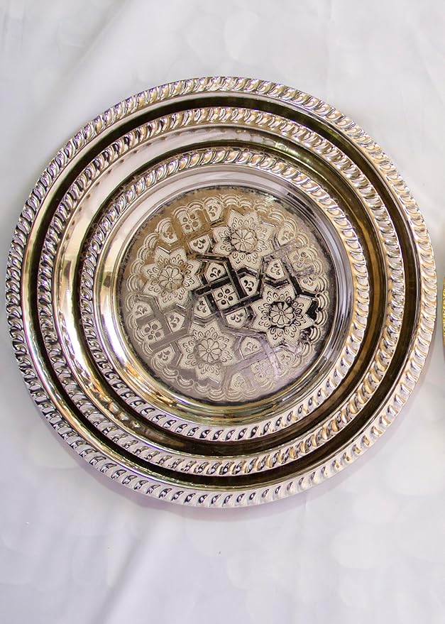 Moroccan Tea Tray Serving Cocktail Silver Handmade Fez Small Or Large Round (9/11/13/15 Inches) (11 Inch)