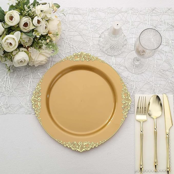 10" Dinner Plates -Set of 30 - Plastic Gold Round Baroque Disposable Chargers Leaf Embossed Rim, Ideal for Dinner Party Wedding Bulk Events