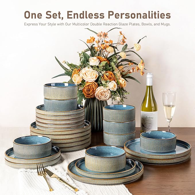 GBHOME 18-Piece Stoneware Dinnerware Set for 6 – Ribbed Ceramic Plates and Bowls, Scratch-Resistant, Microwave & Dishwasher Safe, Reactive Glaze, Deep Ocean