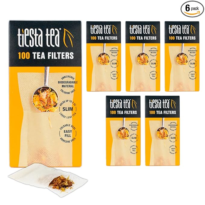 Tiesta Tea Loose Leaf Filters for Brewing, Disposable Infuser for Hot & Iced Drinks, Easy-Fill Steeper, Unbleached Paper, Single-Cup Infuser for Loose Leaves, 100 Empty Bags (6 pack)
