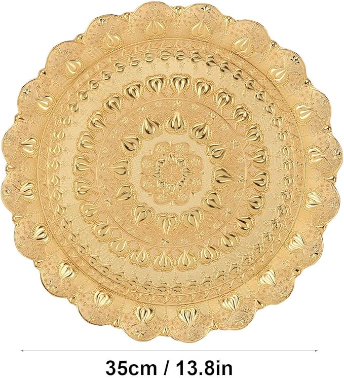 Turkish Tea Coffee Serving Tray, Vintage Style Round Coffee Plate, Embossed Pattern Metal Tray for Bar Outdoor Dresser Dessert, Multi Purpose Serving Tray for Coffee Tea Jewelry Co (Gold)