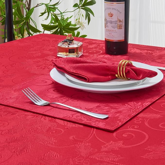Rectangle Christmas Jacquard Table Cloth Waterproof Elegant Damask Floral Pattern Heavy Weight Wipeable Wrinkle Free Fabric Table Covers for Dinner or Daily Uses(Dark Red/60x144 Inch)