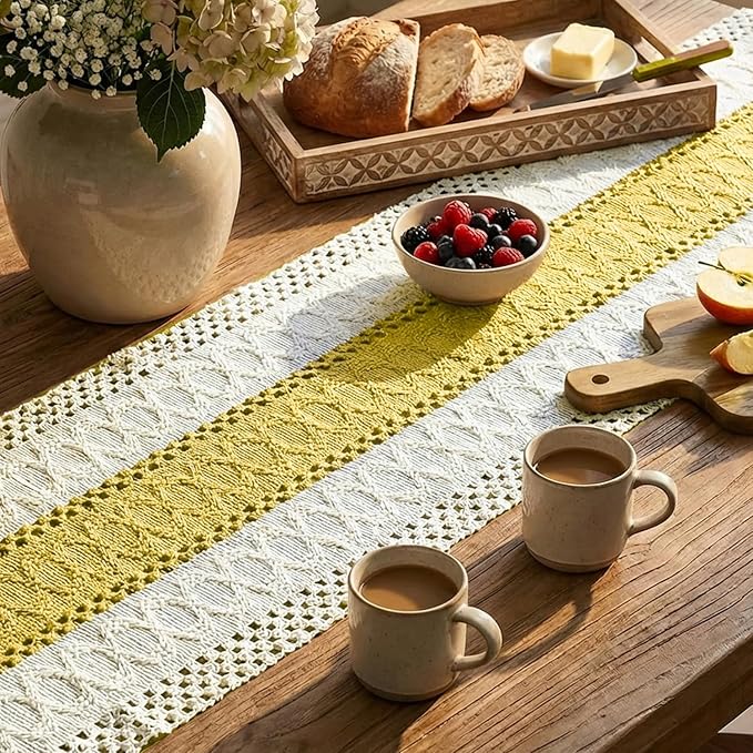 Artoid Mode Yellow Farmhouse Rustic Table Runner, Seasonal Holiday Hollow Kitchen Dining Table Decoration for Home Party Decor 12x48 Inch