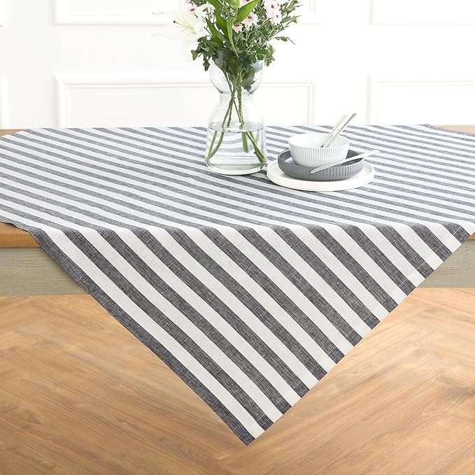 Solino Home Linen Square Tablecloth 52 x 52 Inch - Sorrento Stripe, 100% Pure Linen Black and White Table Throw - Machine Washable Tablecloth