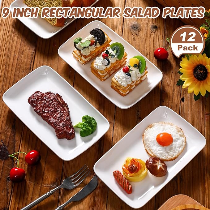 Irenare 12 Pcs 10 Inch Rectangular Salad Plates White Rectangular Porcelain Dessert Plates Appetizer Serving Tray Rectangular Porcelain Platters for Fruit Sushi Dinner Parties, Microwave, Oven Safe
