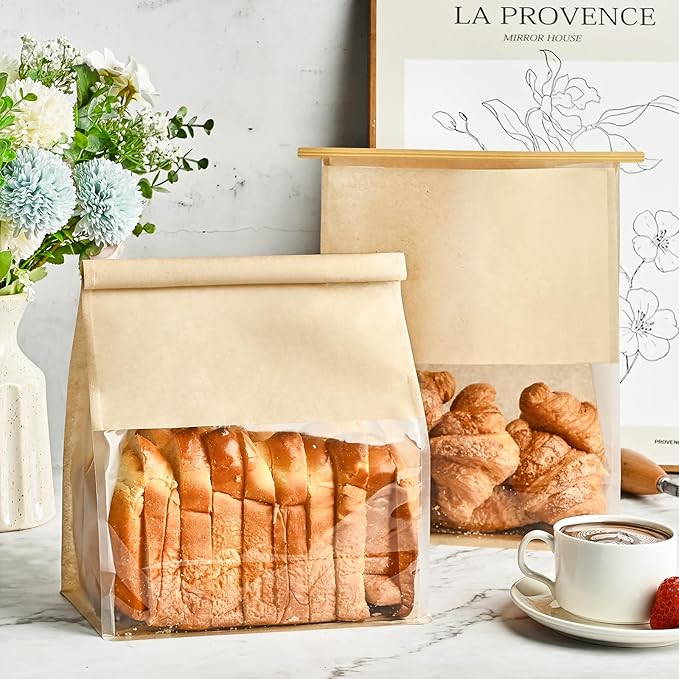50 PCS Paper Bread Bags for Homemade Breads, 11 x 8.7 x 4.3 Inches Kraft Bakery Bags with Tin Tie Tab Lock Sourdough Bread Bags with Window Baked Foods Packaging Storage
