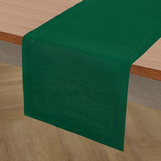 Solino Home Linen Table Runner 90 Inches Long - 100% Pure Linen Christmas Green Dining Table Runner 14 x 90 Inch - Fete
