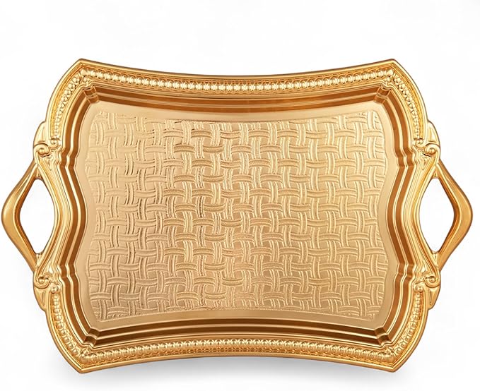 Alisveristime 2-Person Rectangular Metal Serving Tray – Ottoman Motif, (14.6" x 9", 13.1 oz) (Gold)