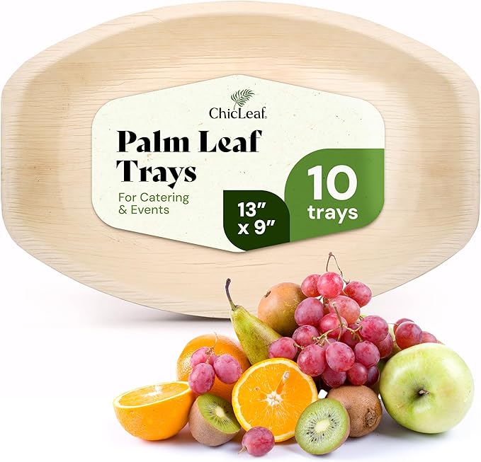 Chic Leaf All Natural Compostable & Disposable Rectangular 13" x 9" Palm Leaf Serving Tray for Events, Christmas, Charcuterie Board, Catering & Weddings - Disposable Plates Party Supplies (10 pc)
