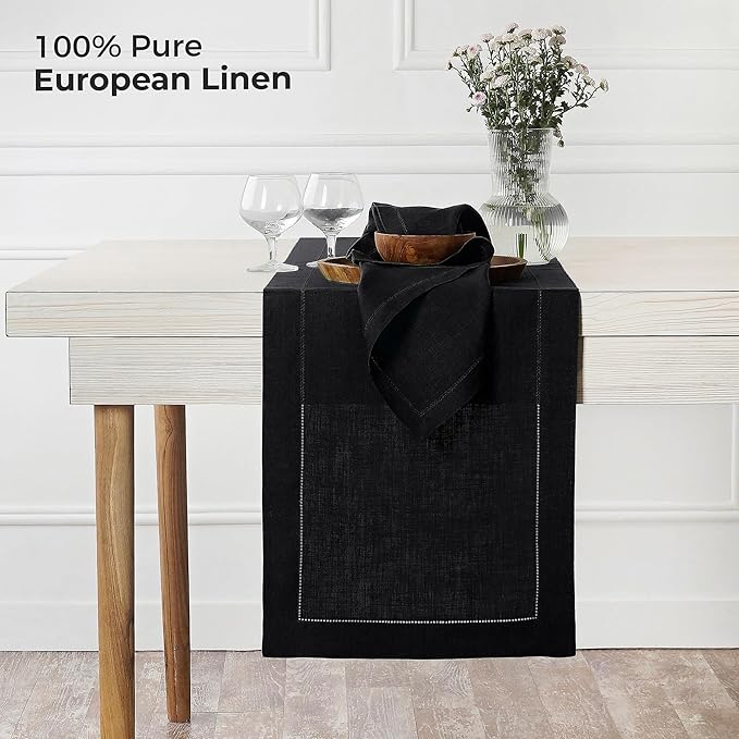 D'Moksha Homes Linen Black Table Runner 108 Inches Long - 100% Pure Linen 14 x 108 Inch Table Runner for Winter, Christmas, Holiday, New Year - Classic Hemstitch