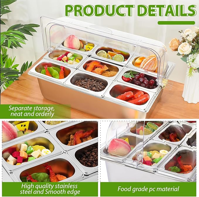 Countertop Food Serving Display Container and Clear Roll Top Cover Stainless Steel Food Serving Tray Buffet Condiment Dispenser Display Rack for Restaurant Hotel Kitchen Party (9 Pan)