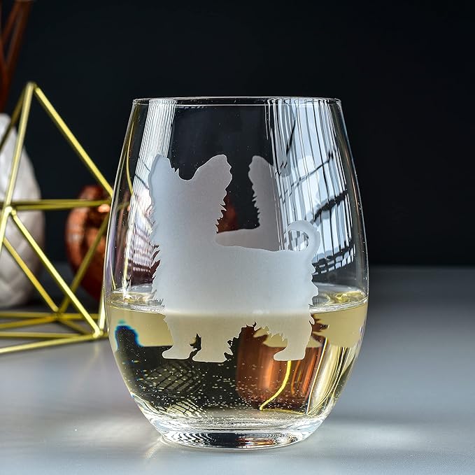 Yorkshire Terrier Stemless Wine Glasses (Set of 2) - Unique Gift for Dog Lovers - Hand Etched with Breed Name on Bottom