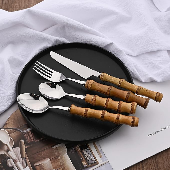 Natural Bamboo Handle Flatware Set, Uniturcky Stainless Steel Silverware Set for 4, Forks, Spoons, Knives Utensils for Daily Use, 16 PCS Bamboo Handle Cutlery Sets, Mirror Finished - Silver