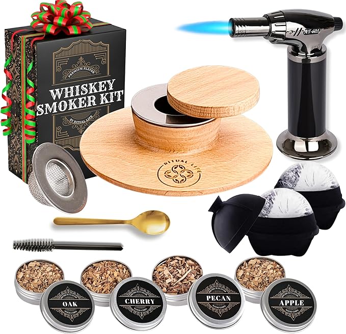 Cocktail Smoker Kit - Whiskey Bourbon Drink Smoker with Torch, Custom Top, 2 Ice Ball Makers, 4 Flavors Wood Chips - Smokers for Whiskey Drinks - Cocktail Drink Smoking Kit - Unique Gifts for Him