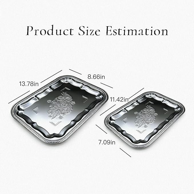 Elegant Floral Engraved Silver Serving Trayr Set (4-Pcs) - 2 Small (11.4×7.1×0.8") & 2 Large (13.8×8.7×0.8"), Stainless Steel Silver Platter for Party, Home Decor