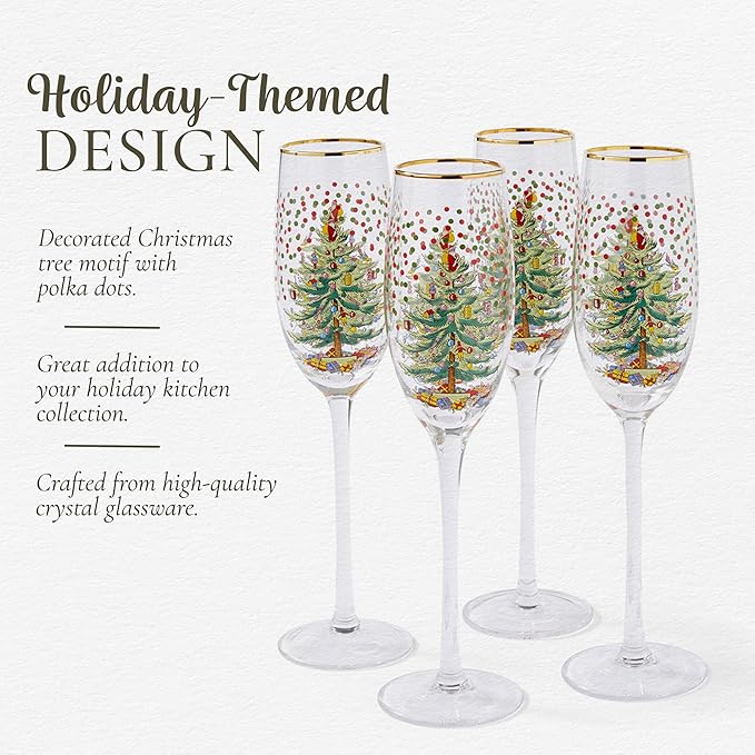 Spode Christmas Tree 8.45 Fl. Oz. Footed Champagne Flute (Set of 4), Polka Dot - Sparkling Wine Glasses for Holiday Celebrations - For Wedding Toasting Flutes & Prosecco Glasses