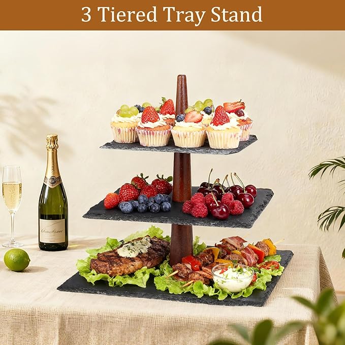 3 Tier Serving Tray Stand, Square Slate & Acacia Wood Tiered Display for Desserts, Appetizers, Cupcakes - Rustic Modern for Weddings, Parties, Christmas