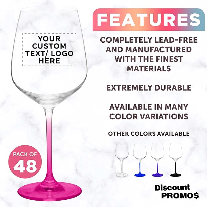 Custom Crystal Wine Glasses 17.5 oz Set of 48, Personalized Bulk Pack - Restaurant Glassware, Perfect for Red Wine or White Wine - Pink
