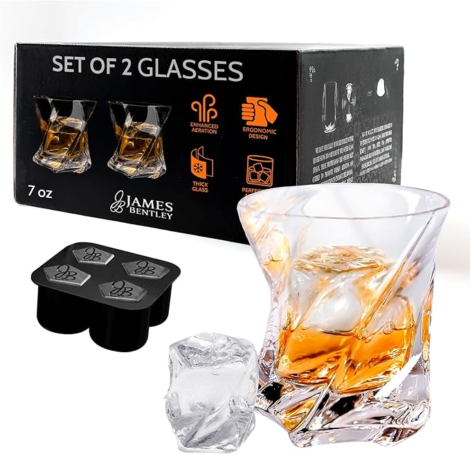 JAMES BENTLEY STAR Whiskey Heavy Tumbler Glasses – Hand Blown Crystal Whiskey Glasses, Enhances Aroma and Flavor, Premium Quality for Bourbon & Old Fashioned Tasting— Set of 2 with 4 Ice Cube Molds