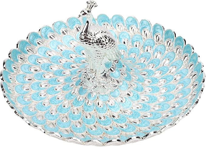 Peacock Shape Fruits Serving Tray, Zinc Alloy Fruits Storage Dish Trinket Decorative Plate with Detachable Peacock, for Vegetables, Snacks, Bread, Candy (Silver Light Blue)