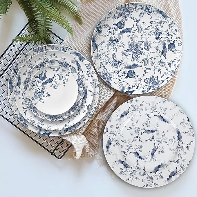 ceramic plate set for 2, 8 piece bone china dinnerware set, blue and white floral bird porcelain dishes sets for wedding, housewarming, hotel