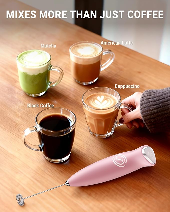 Milk Frother With Stand Handheld Frother Wand Drink Mixer Handheld Coffee Stirrers Electric Frother for Coffee Mixer Wand with 2 Whisk frother for protein powder-Pink