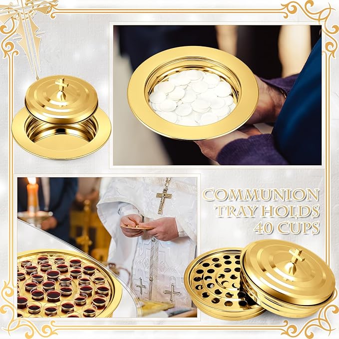 Zhehao 2 Pcs Communion Set Holy Trays for Churches with Lid Communion Plates with Lid Churches Cups Filler and Disposable Cups Supplies (Gold)