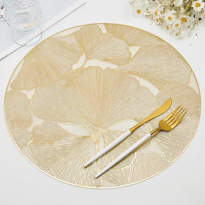 Gold Round Placemats Set of 6 Metallic Pressed Vinyl Place Mats for Dining Table Centerpiece Decor Ginkgo Leaf Table Mats Non Slip Heat Resistant 15 Inch