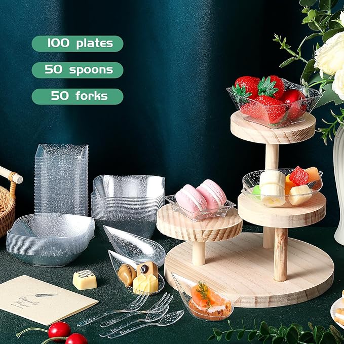 Tessco 200 Pcs Mini Appetizer Plates with Spoons Forks Disposable Mini Dessert Plates Plastic Appetizer Bowls Tiny Individual Serving Trays for Party(Silver Glitter,Classic)