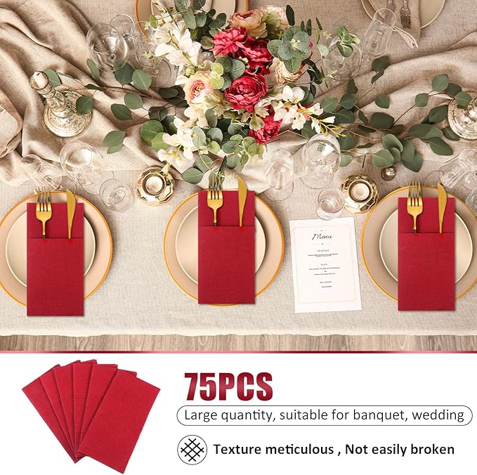 Cindeer 150 Pcs Red Linen Dinner Feel Napkins with Built in Flatware Pocket Prefolded Paper Disposable Airlaid Guest Hand Towel for Silverware Wedding Reception Christmas Baby Shower