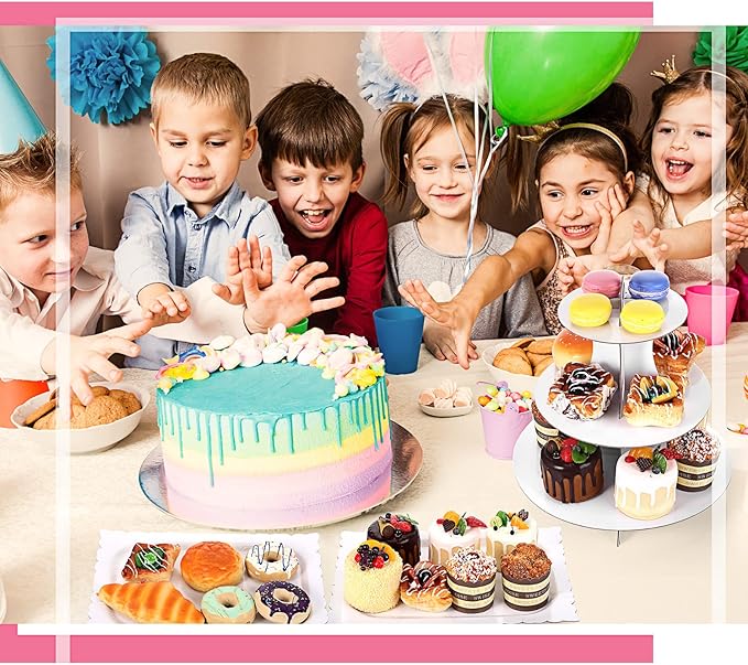 Zopeal 7 Pcs Dessert Table Display Set 3-Tier Cupcake Stand 1-Tier Cup Cake Display Tower Platters and Serving Trays Cardboard Cake Cookie Holders for Wedding Birthday Party Baby Shower(White)